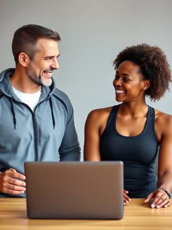 Happy male coach and black female discussing fitness plans over laptop. Happy male coach and black female discussing fitness plans over laptop.