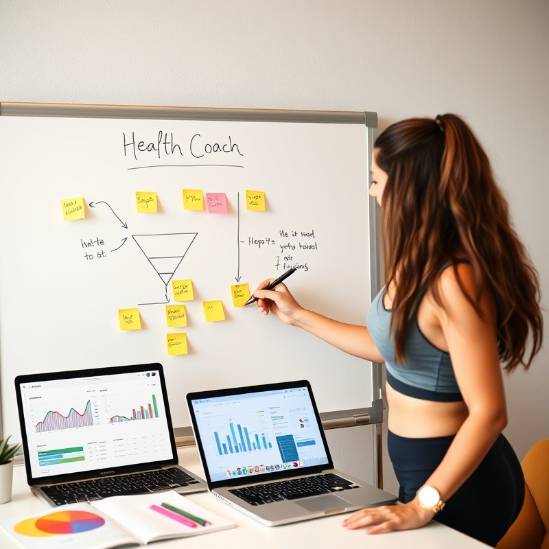 Health coach in gym attire plans with funnel diagram on whiteboard, showcasing structure. Health coach in gym attire plans with funnel diagram on whiteboard, showcasing structure.
