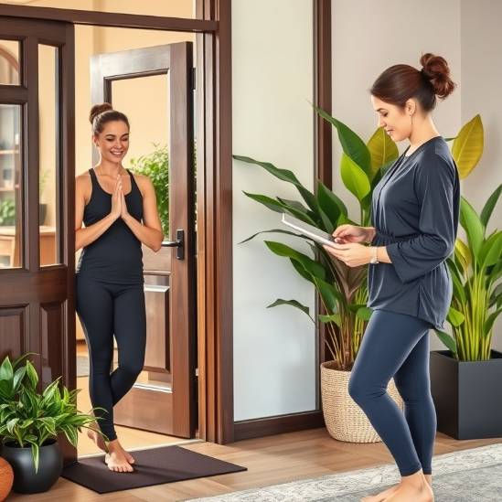 Yoga studio owner in vibrant outfit welcoming clients, surrounded by healthy plants. Yoga studio owner in vibrant outfit welcoming clients, surrounded by healthy plants.