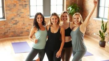 Happy clients posing in a yoga studio, celebrating wellness and community. Happy clients posing in a yoga studio, celebrating wellness and community.