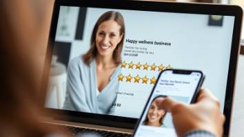 Happy clients leaving 5-star reviews for a wellness business on a laptop. Happy clients leaving 5-star reviews for a wellness business on a laptop.