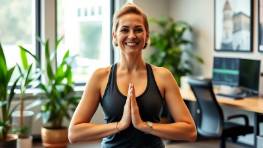 Proud yoga instructor leading a session in a vibrant marketing office Proud yoga instructor leading a session in a vibrant marketing office