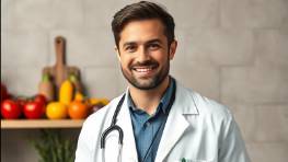 Male nutritionist doctor presenting healthy nutritious food in portrait orientation. Male nutritionist doctor presenting healthy nutritious food in portrait orientation.
