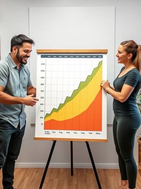 Nutritionist and fitness coach collaborating on a growth chart, showcasing community support Nutritionist and fitness coach collaborating on a growth chart, showcasing community support